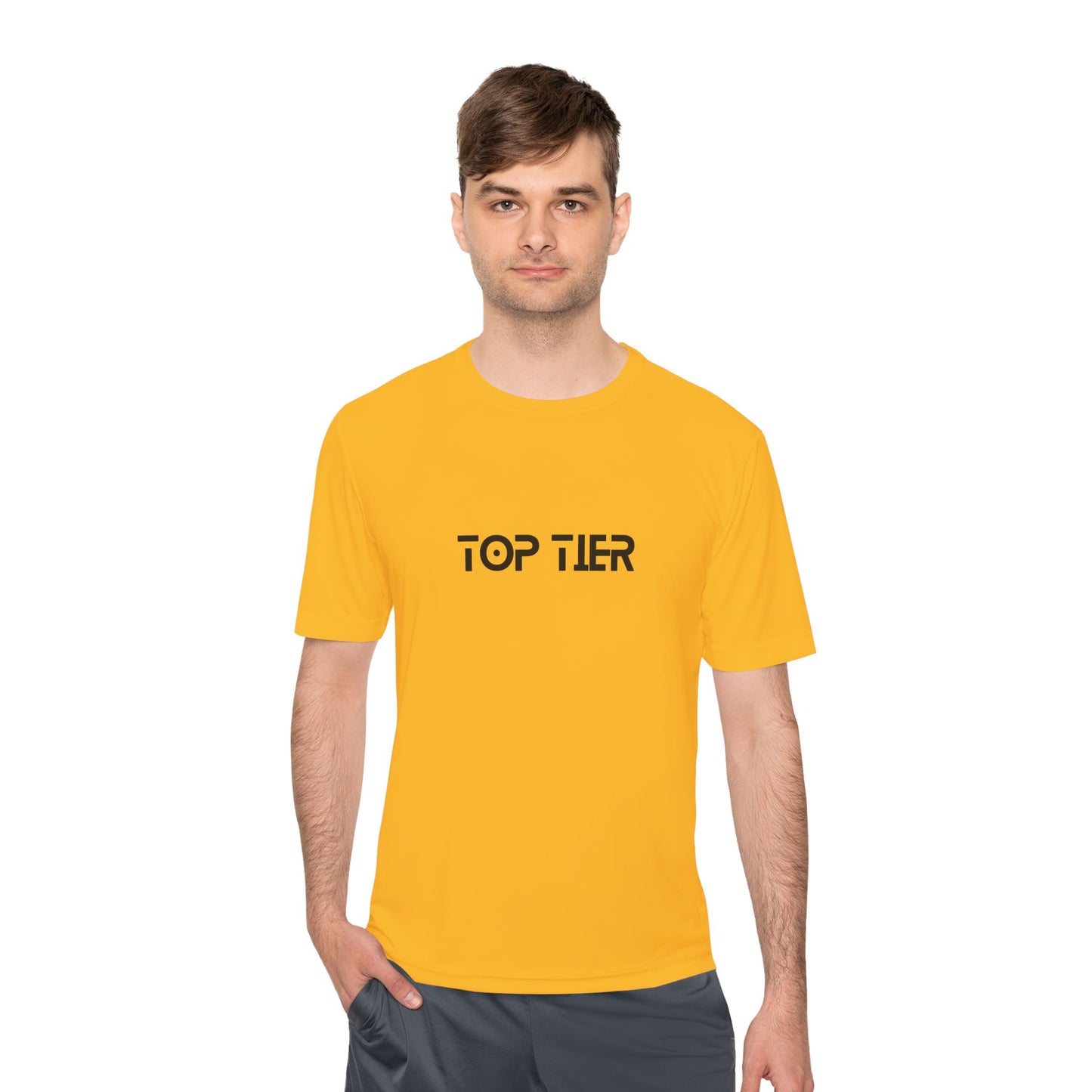 Black Top Tier Performance Tee T-shirt by Printify with a comfortable fit and sleek design, displayed on a plain background.