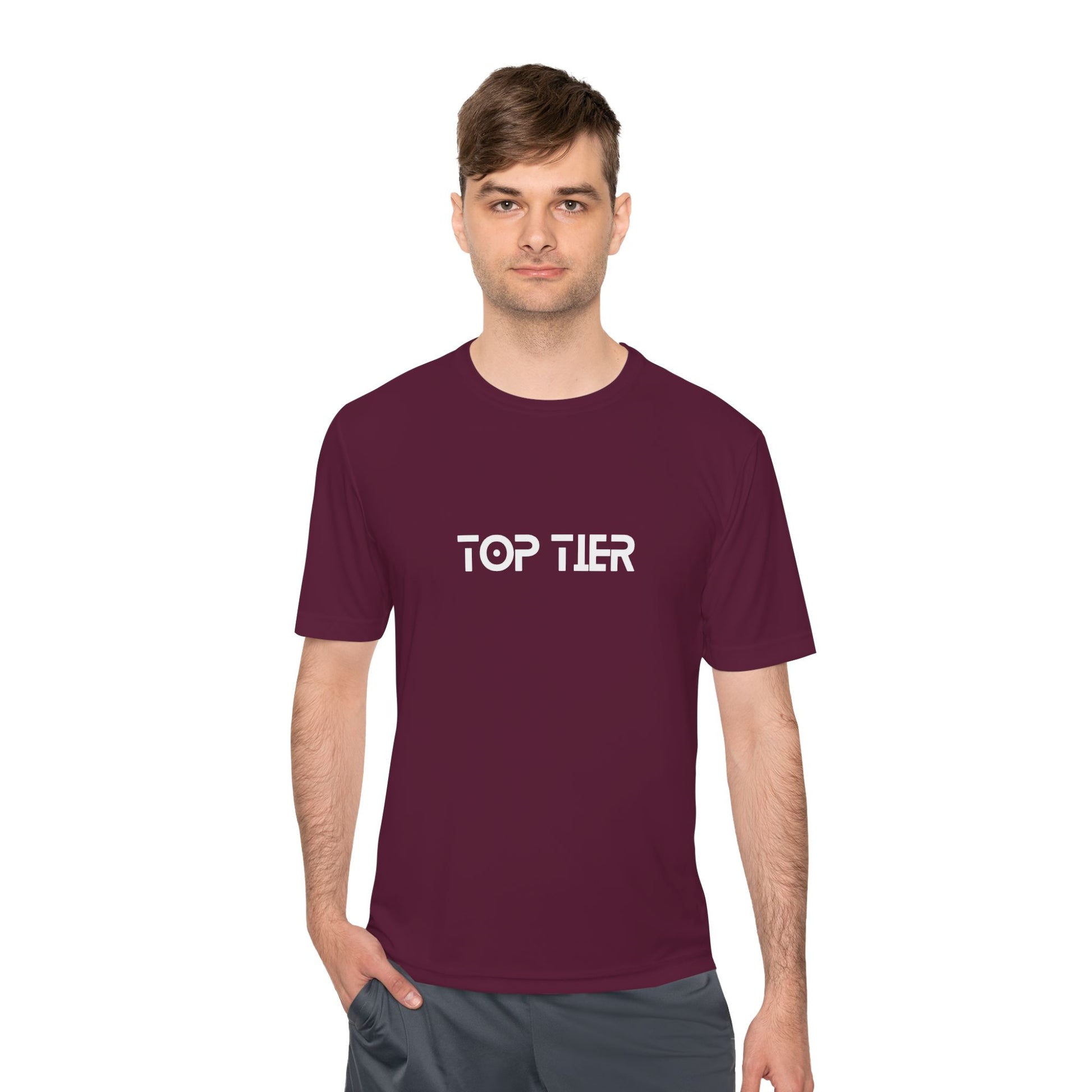 Printify Top Tier Performance T-Shirt displayed flat, showcasing its sleek design and high-quality fabric for athletic wear.