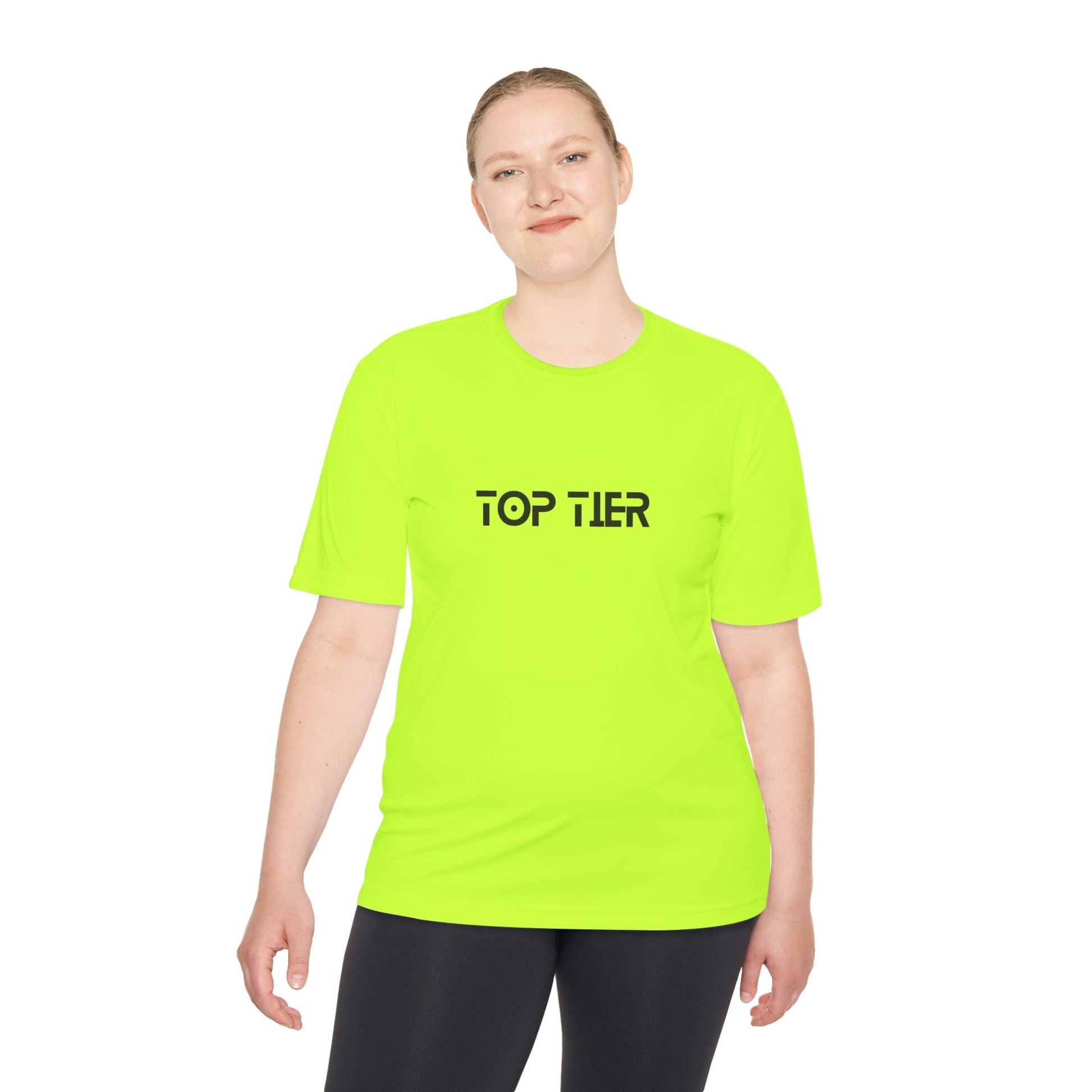 Printify Top Tier Performance Tee, a lightweight men's T-shirt with a crew neck and short sleeves, in black fabric.