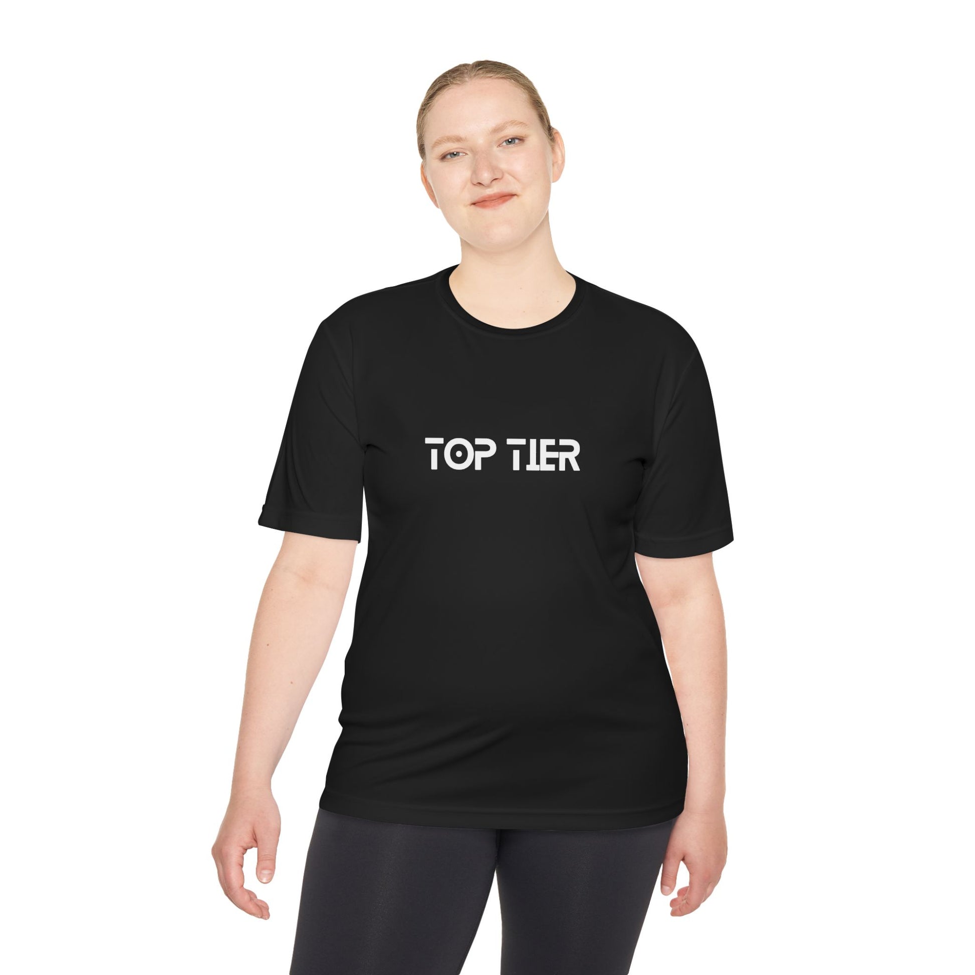 Printify Top Tier Performance Tee T-shirt in black, featuring a comfortable fit and stylish design on a plain background.