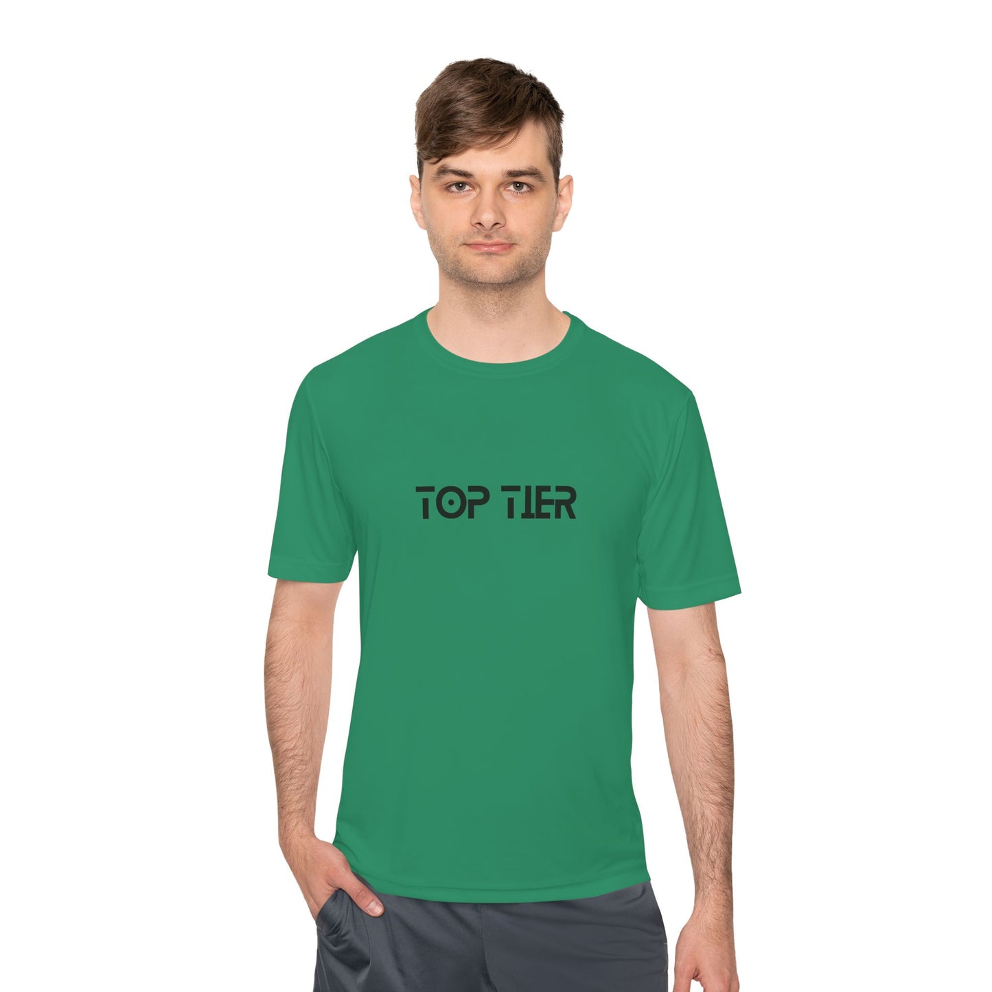 Black Top Tier Performance Tee T-shirt by Printify displayed flat with front view and soft fabric texture.