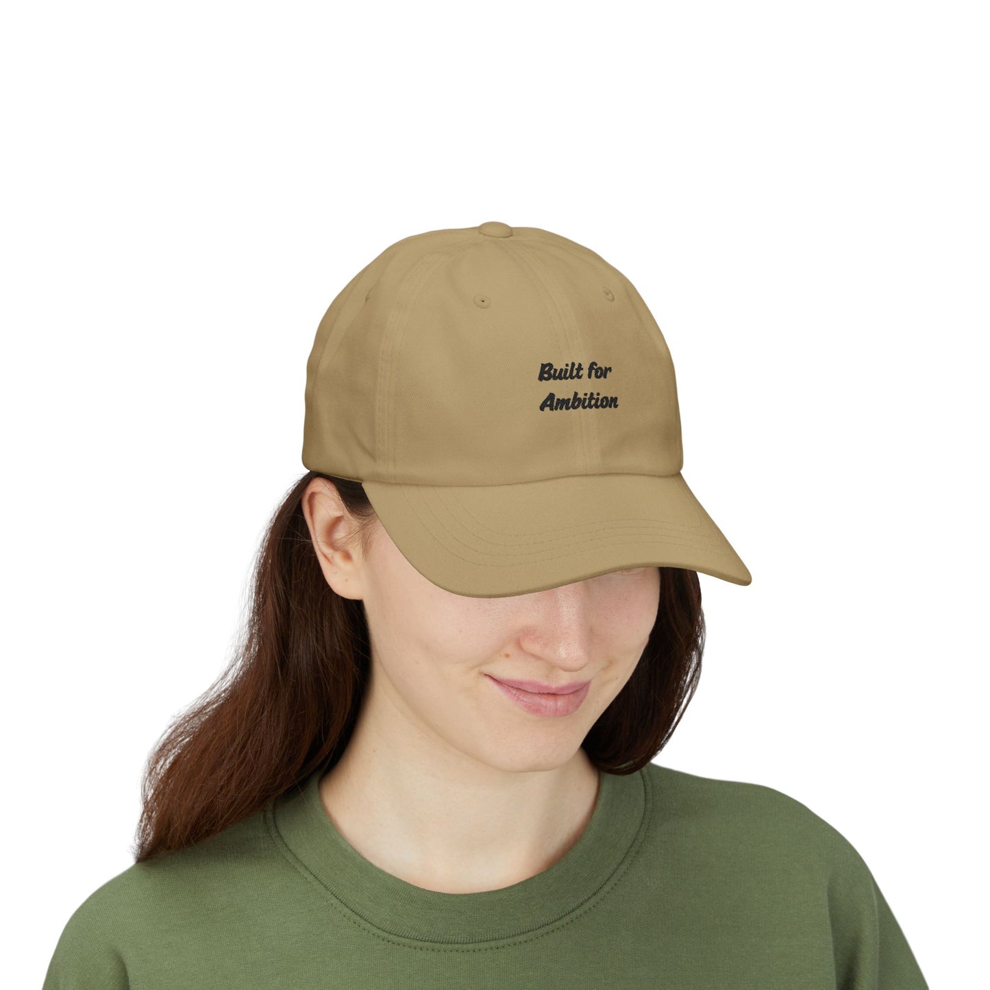 Dad cap hat from Printify featuring a curved brim, adjustable strap, and "Built for Ambition" embroidered design.