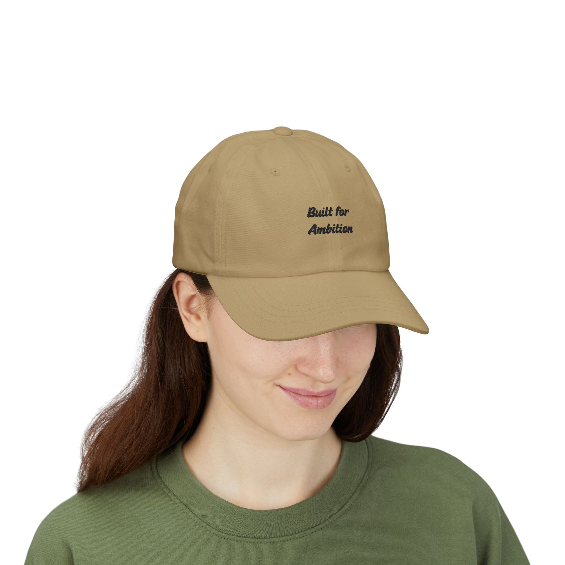Dad cap hat from Printify featuring a curved brim, adjustable strap, and "Built for Ambition" embroidered design.