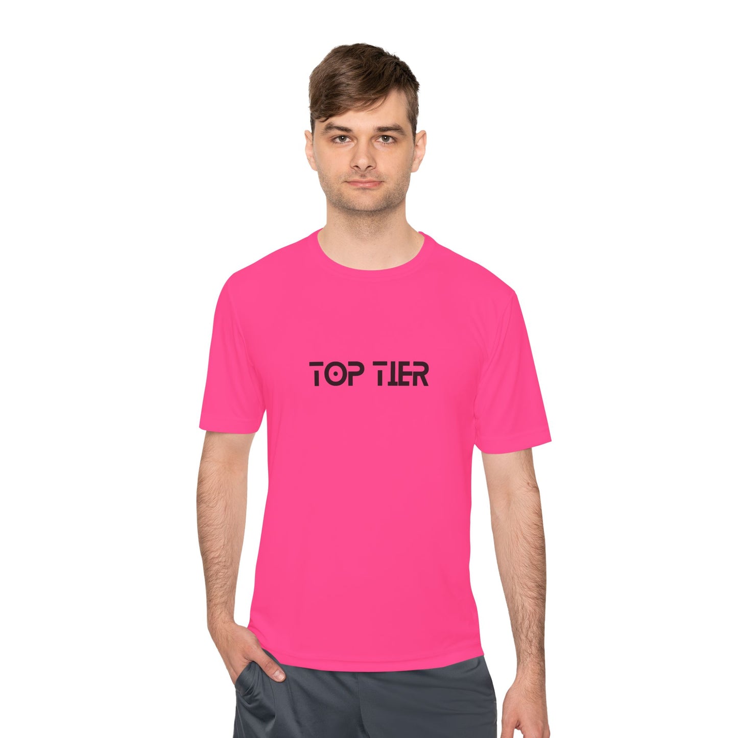 Front view of a Top Tier Performance Tee by Printify, showcasing its sleek design and comfortable fit.