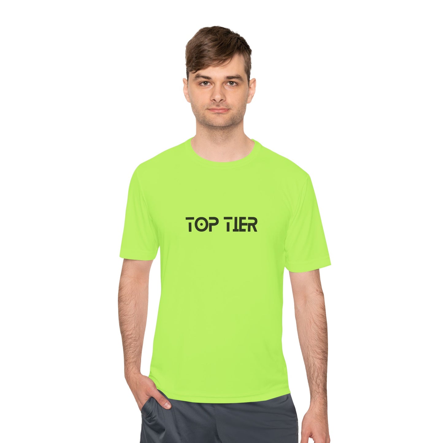 Printify Top Tier Performance Tee, men's athletic T-shirt in black with printed logo, breathable fabric, and comfortable fit.