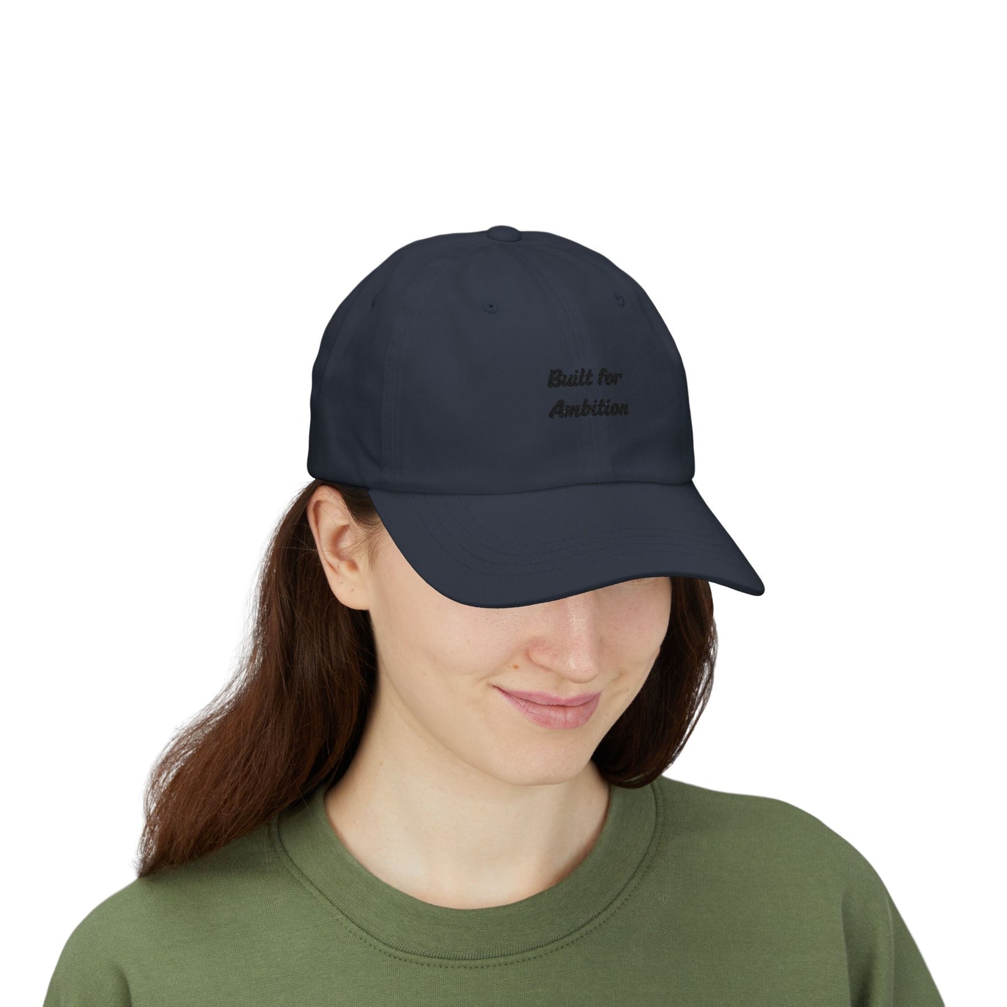 Black "Built for Ambition" dad cap by Printify with curved brim and adjustable strap, casual hat for everyday wear.