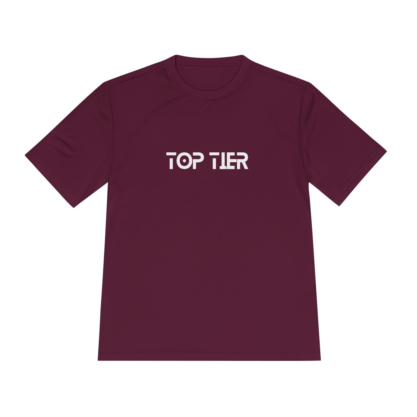 Printify Top Tier Performance T-Shirt displayed flat with a classic crew neck and short sleeves, in a sleek, athletic design.