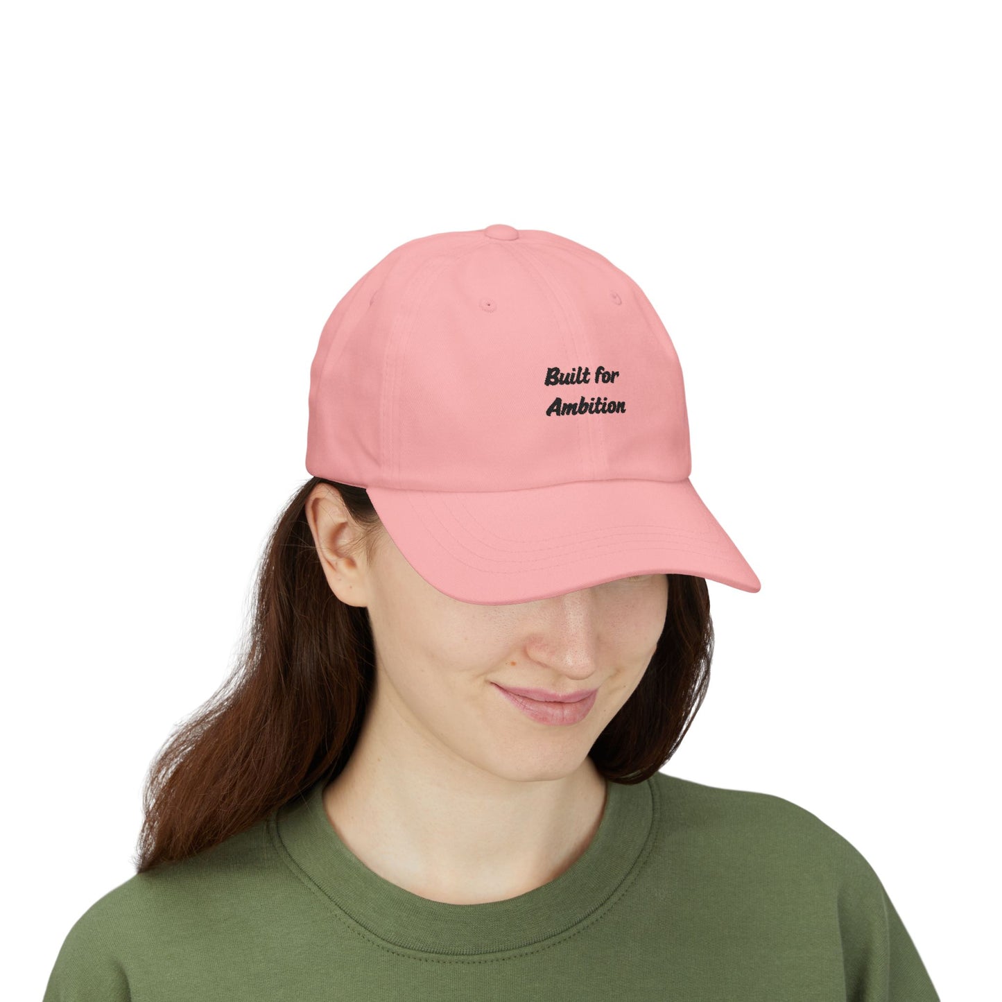 Printed black dad cap by Printify with "Built for Ambition" embroidered text, casual fashion accessory, adjustable strap, front view.